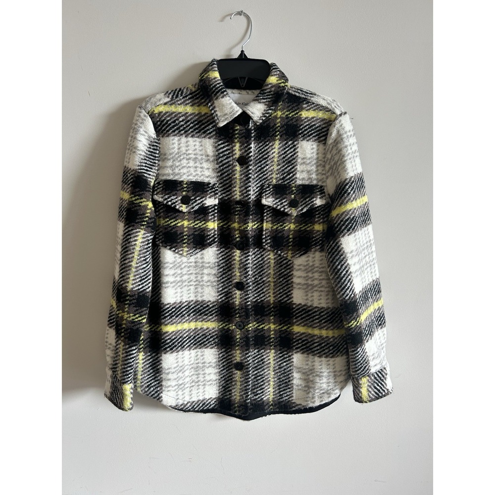 Calvin Klein Black Plaid Jacket Size Small Button Front Shacket Sweater Coat S